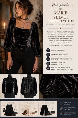 Free People Marie Velvet Puff Sleeve Top Open Back Whimsygoth Fairycore M